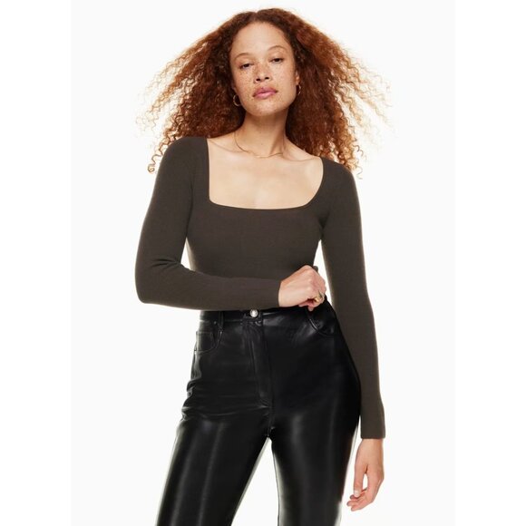 Aritzia WILFRED Leighton Oat Modal Wool Ribbed Knit Square Neck Sweater, Size S - Picture 10 of 15